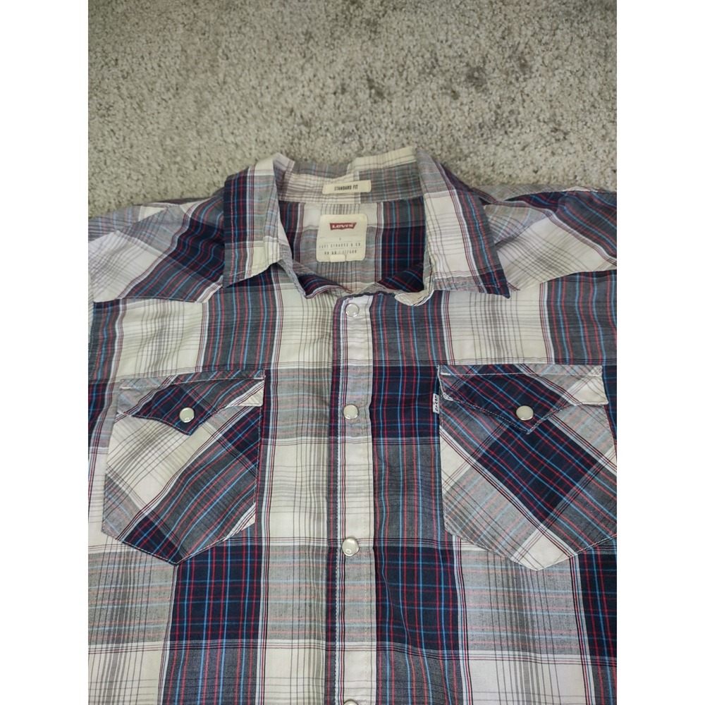 Levi's Western Pearl Snap Shirt Men‎ Large Modern Plaid Gray Red Blue Western - Picture 3 of 10